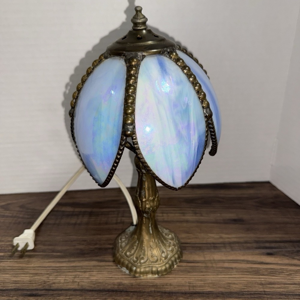 Vintage Meyda Tiffany Lighting 11.5" H Petal Bud Mini Lamp Blue Opal Brass - Picture 2 of 12